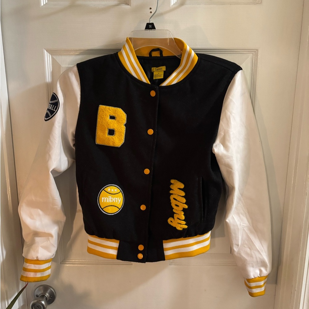 Daisy Kids Vintage Americana Varsity Jacket - Black, White, and Yellow, Size M